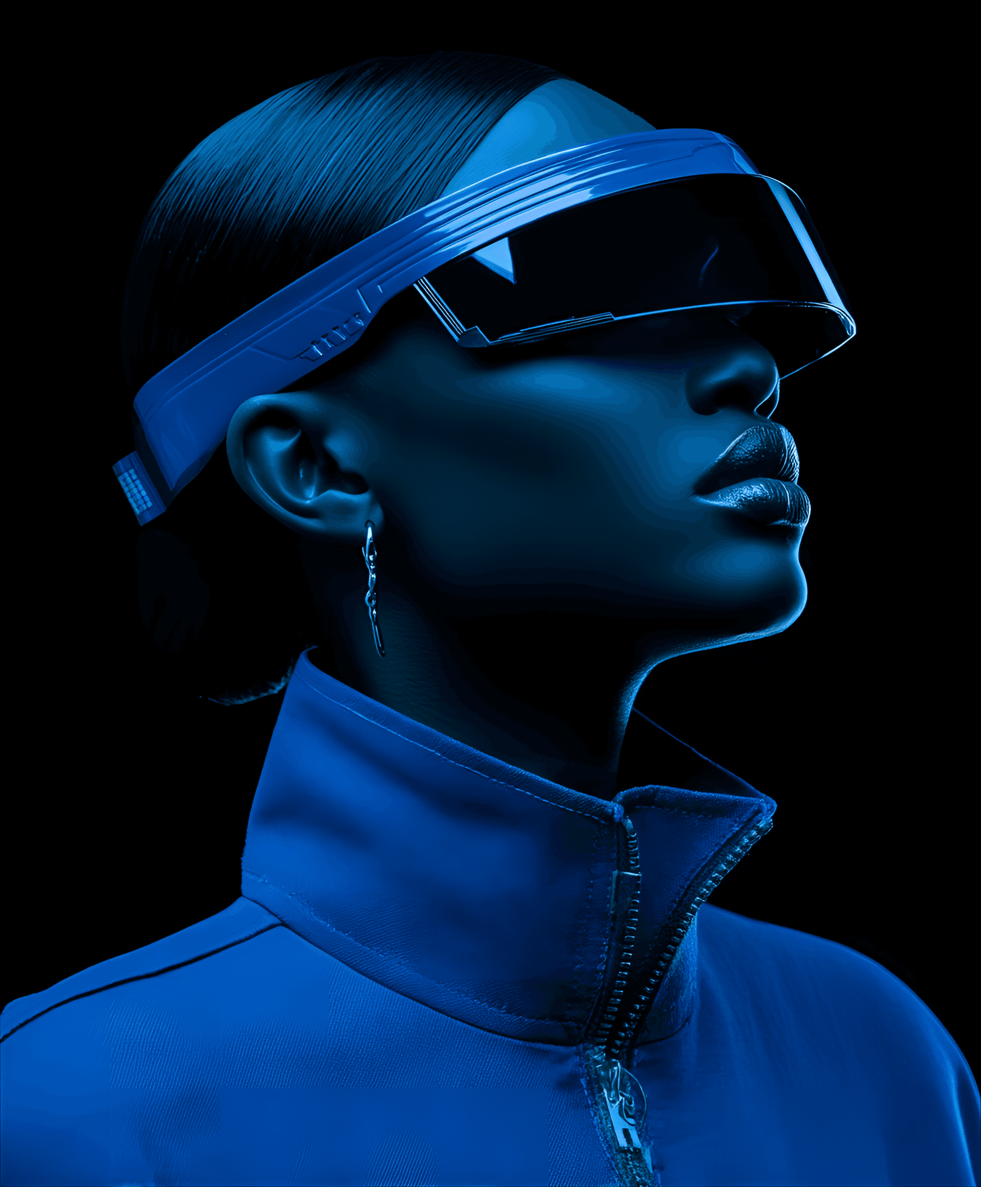 AI generated: low-angle, profile portrait. Dominant use of cool tones model has dark skin, wearing ultramarine blu...