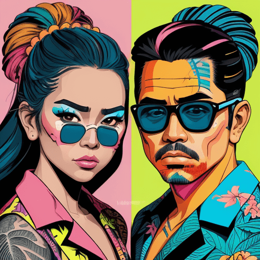 AI generated: Hawaiian artists, modern portrait series of a man and women in colorful wear, in the style of aggres...