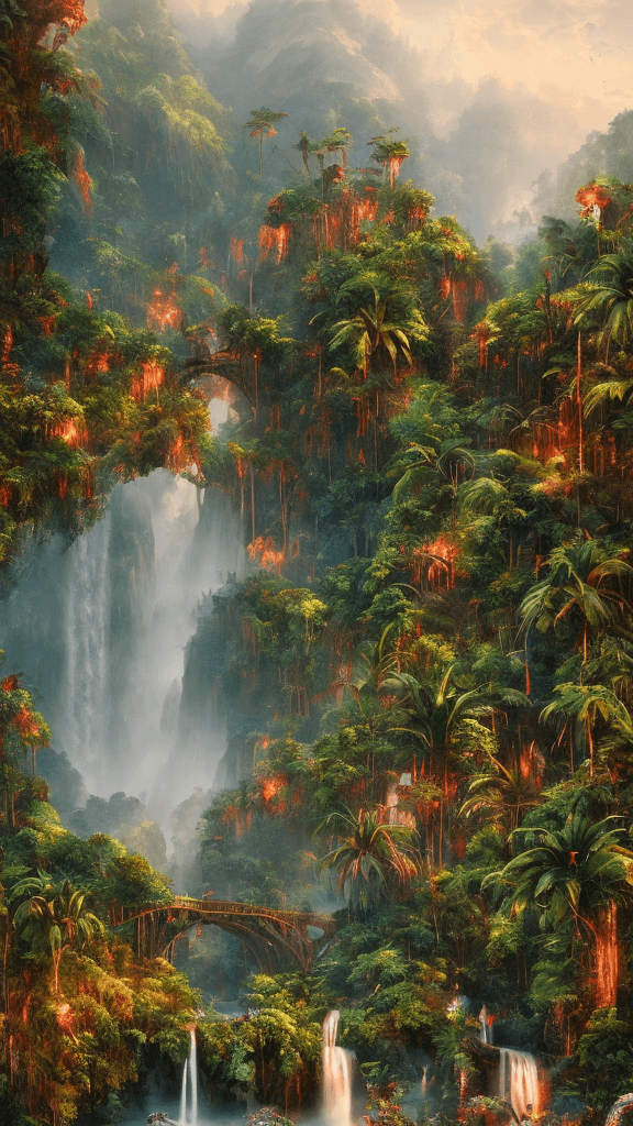 AI generated: tropical landscape, red color, Bokeh, the waterfall, fog over the lake, insanely detailed and intric...
