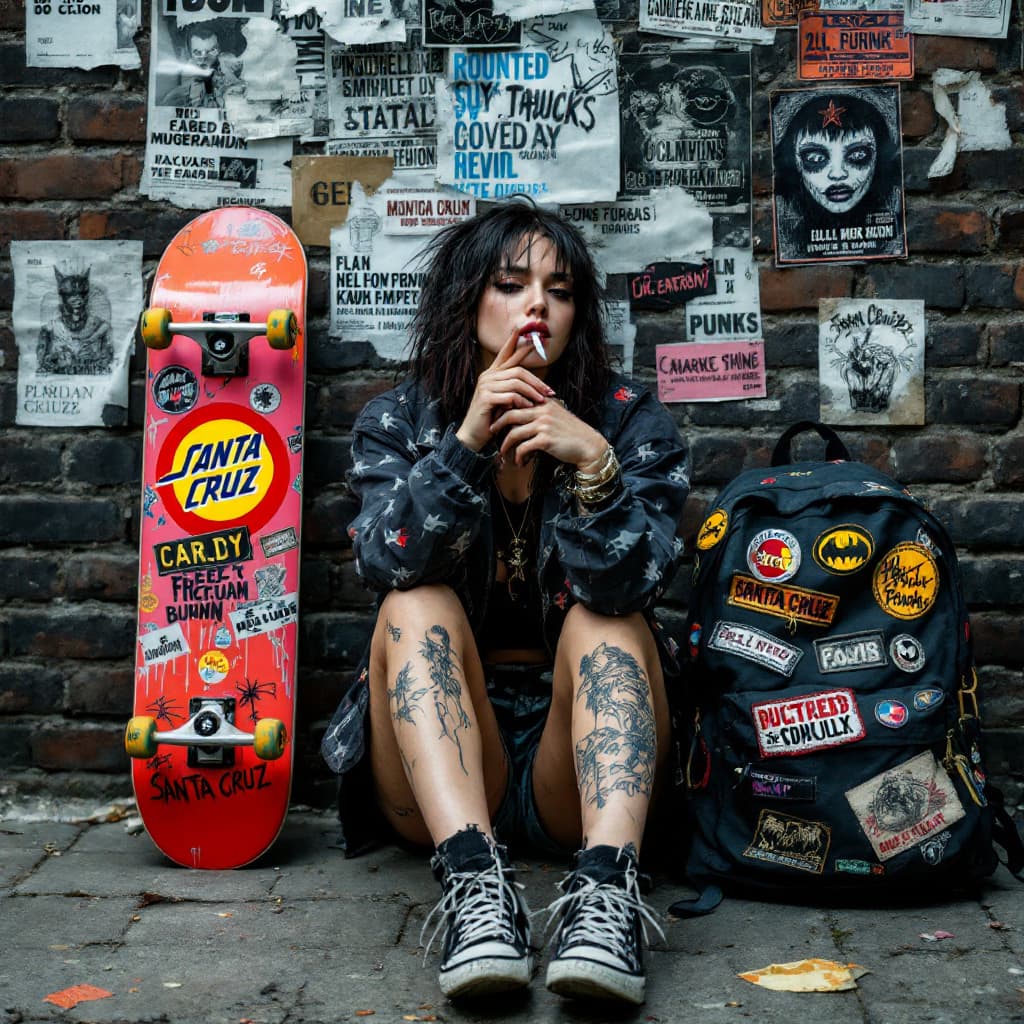 AI generated: london punk female , sitting on ground with back against wall, a santa cruz skateboard is beside her...