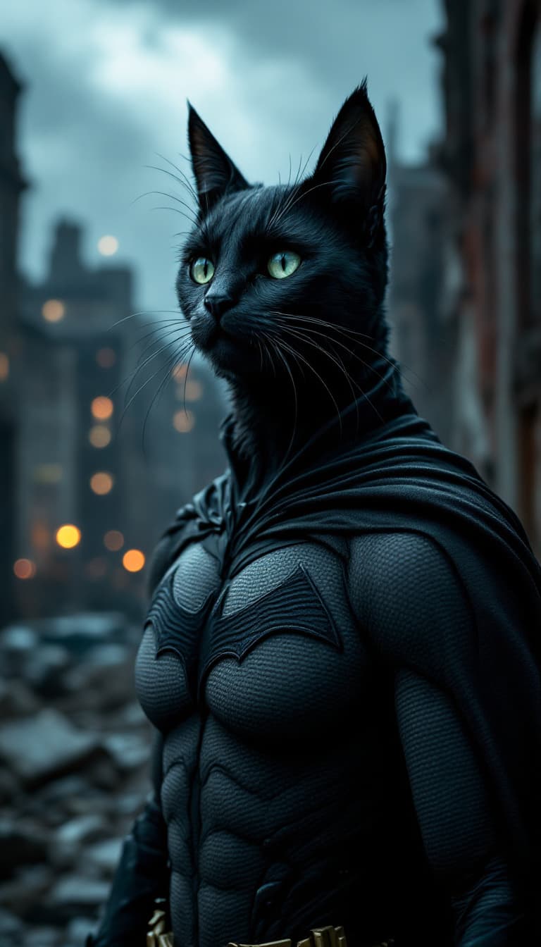 AI generated: raw photo of a cat as batman, black costume heroic pose. ruined city background, stormy sky. (high d...