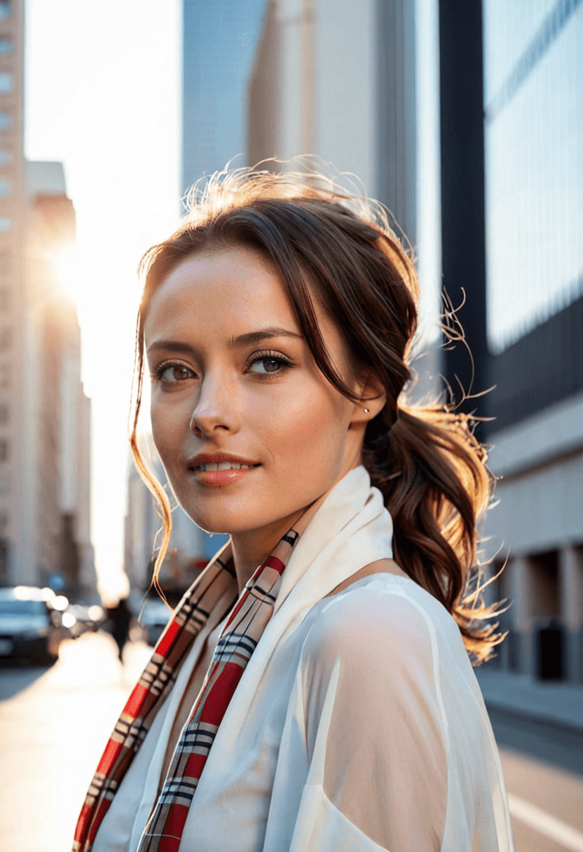 AI generated: silhouette style naturally beautiful woman, brunette hair, loose ponytail, light makeup, gorgeous sm...