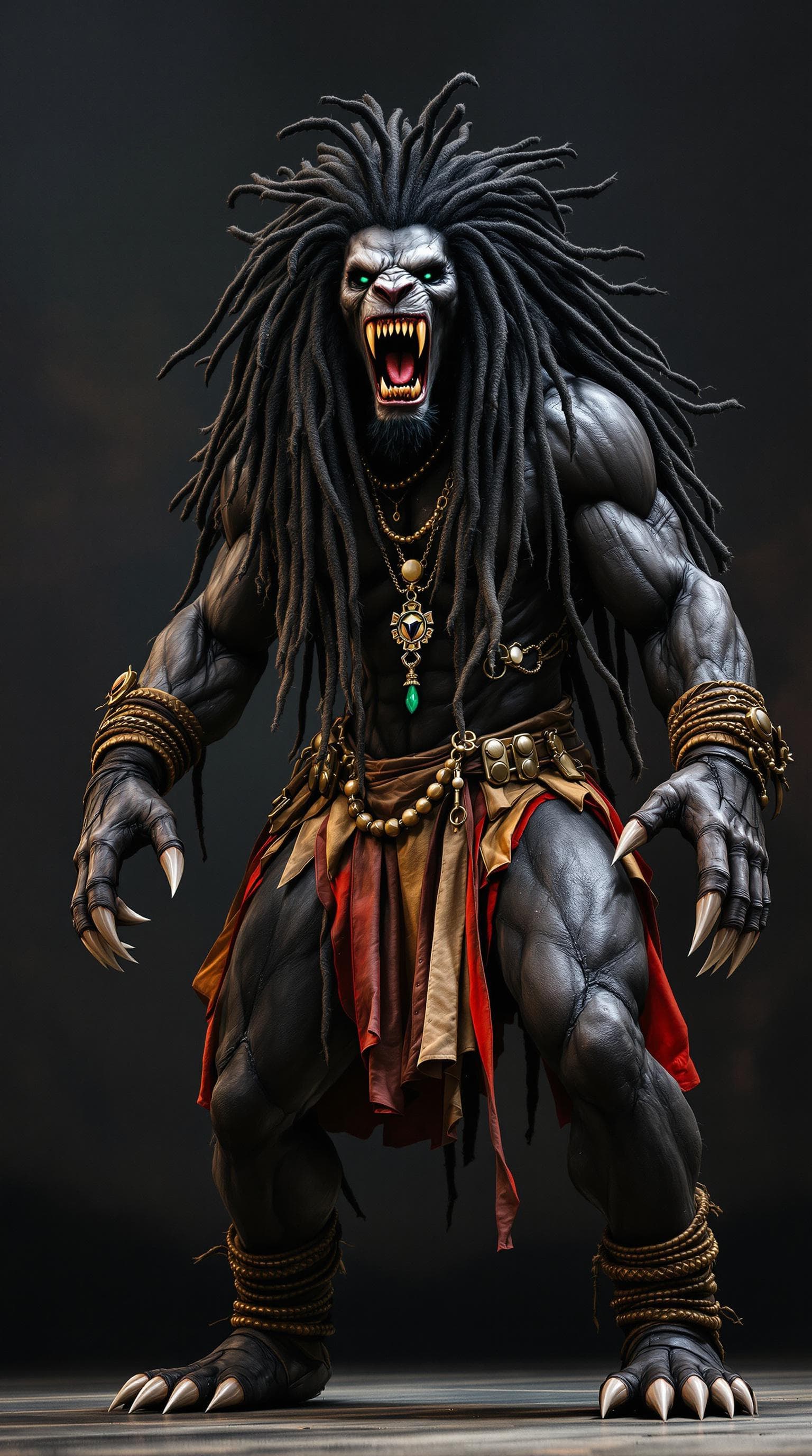 AI generated: A monstrous black african looking  humanoid lion with a thick rastafarian Style dread locks  mane, e...