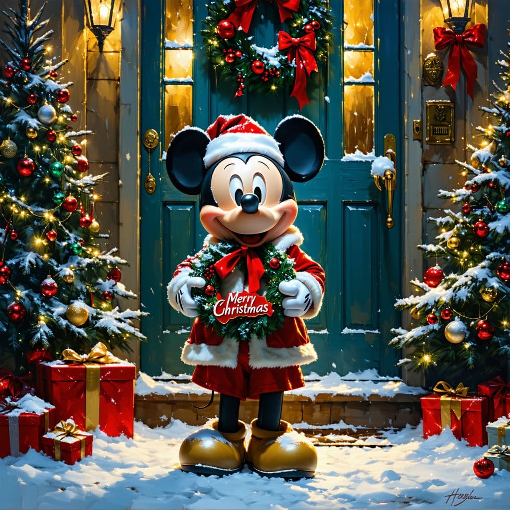 AI generated: A festive Christmas scene featuring a Mickey Mouse  dressed in a cheerful holiday outfit, holding a ...