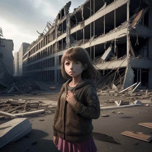 AI generated: A young girl stands defiantly in front of a demolished building, her eyes filled with determination ...