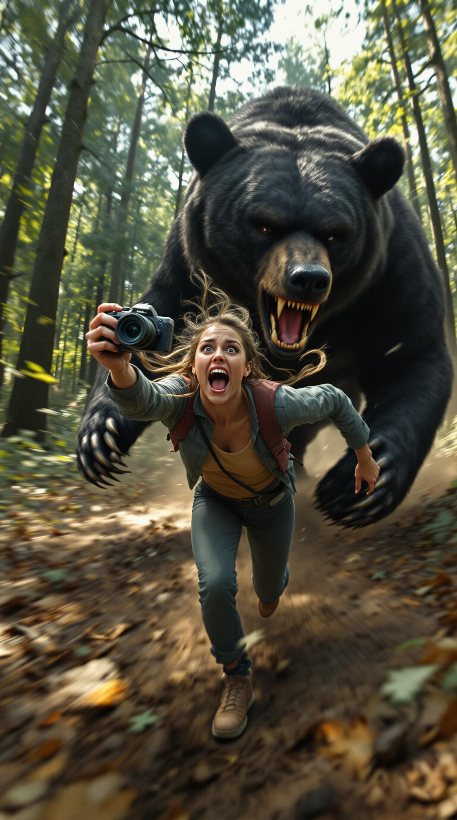 AI generated: A surreal HD 8K image of a woman holding a camera in her hand, taking a picture while running at ful...