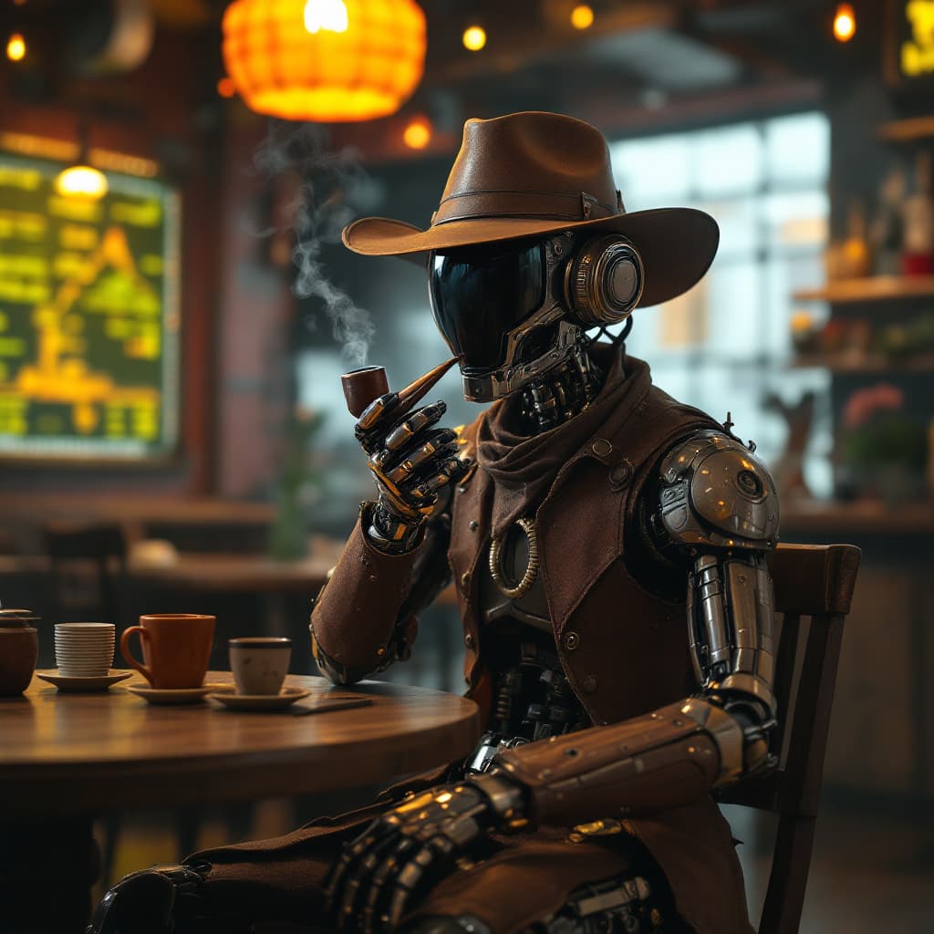 AI generated: a robotic figure in a cowboy costume sitting in a dystopian cafe, smoking pipe