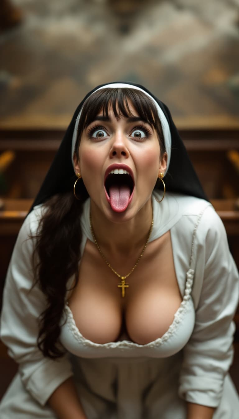 AI generated: nun above view front (the priest's vision pov) mature woman taking communion receiving the ostia on ...