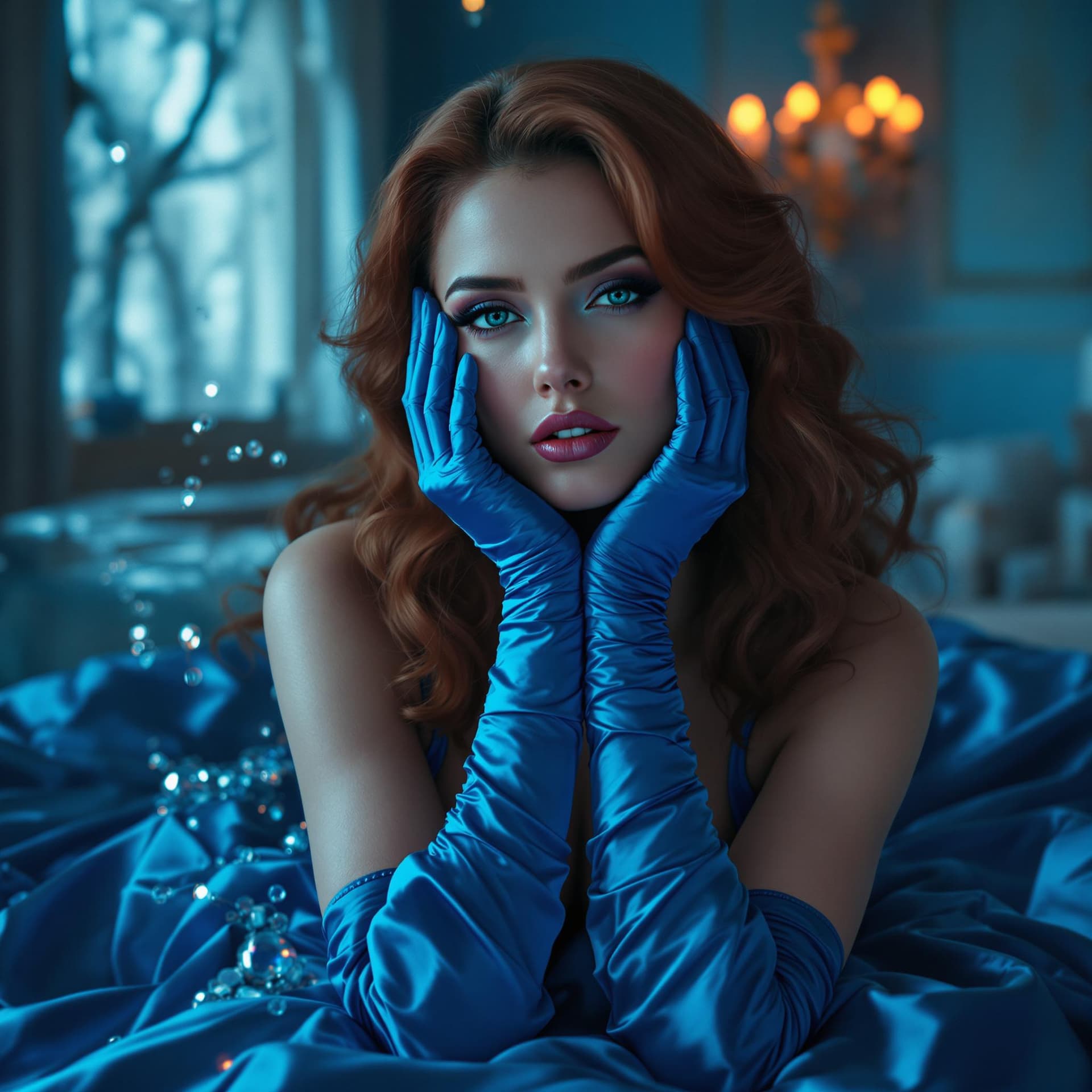 AI generated: erotic woman ,in a luxuriously surreal Dimension, she is complete Ginger,blue satin gloves, no cloth