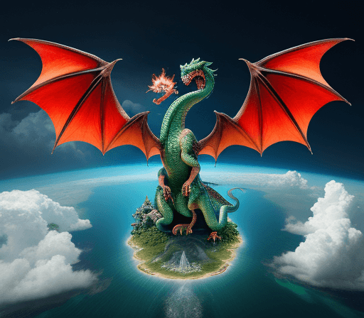 AI generated: A magical five-headed dragon flying away from a tropical island, 8k, in style of Richard Kane Fergus...