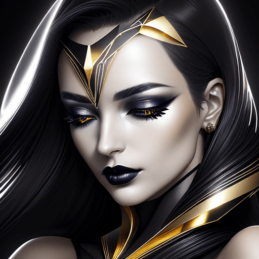 AI generated: Beautiful woman, made up with shiny gold lipstick, like her eyelids, in the style of futuristic mini...