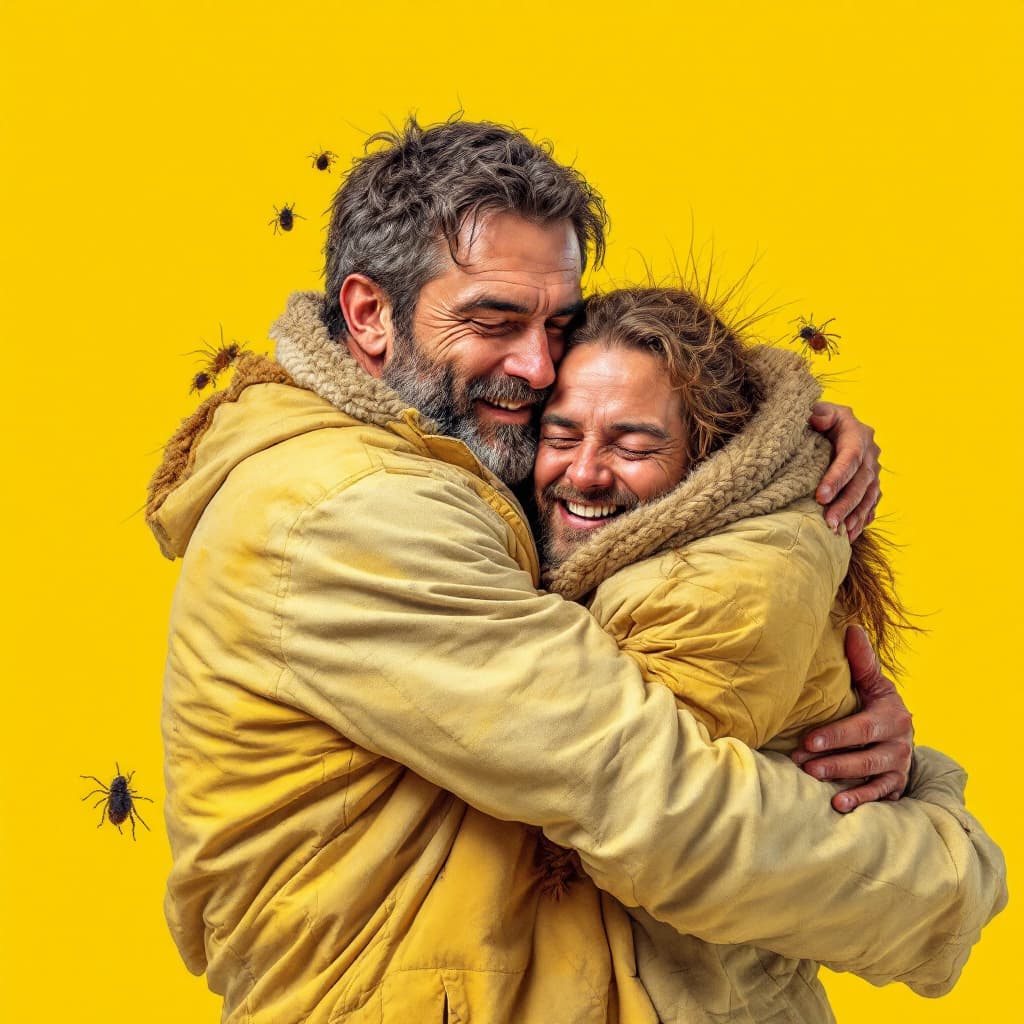 AI generated: a man hugging two huge dermodex mites