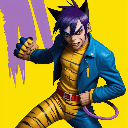 AI generated: 2-D FROM GORILLAZ AS WOLVERINE IN A YELLOW AND BLUE TIGER SUIT WITH A RED BELT AND PURPLE HAIR