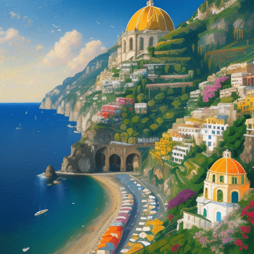 AI generated: amalfi coast, oil painting, impressionist style, sunny day, colorful buildings and domes overlooking...