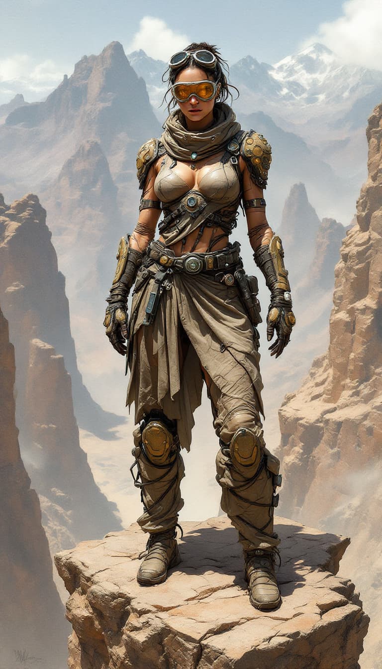 AI generated: Conceptual design: Cybernetic Geomancer from the Obsidian Peaks. This rugged graffiti-punk digital w...