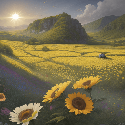 AI generated: photorealistik, detaile, ladybird landscape, heaven sun, flowers margurite wih bee  