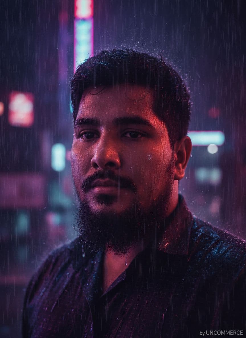 AI generated: A cinematic, photorealistic close-up portrait of a man in the rain at night, neon lights reflecting ...