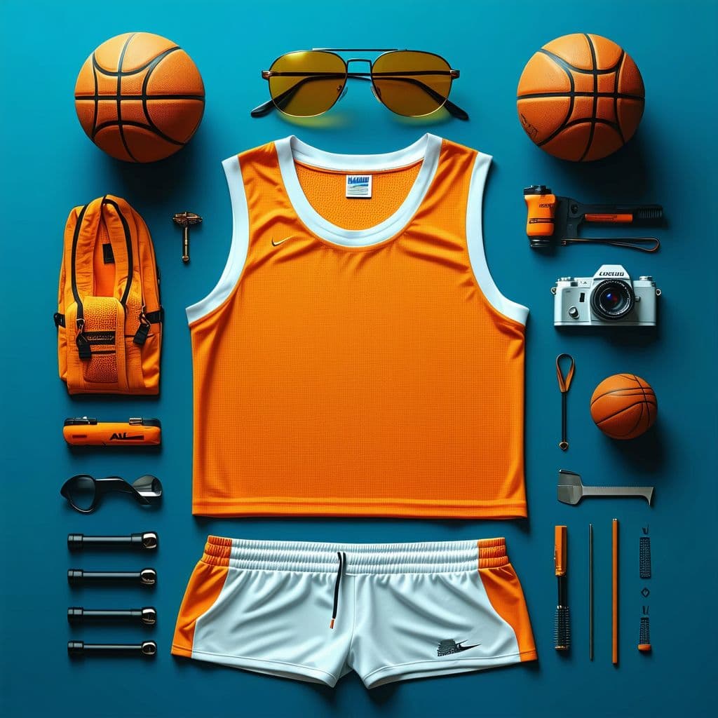 AI generated: a flat lay photography of vintage basketball outfit knolling :: Wes Anderson color palette, studio l...