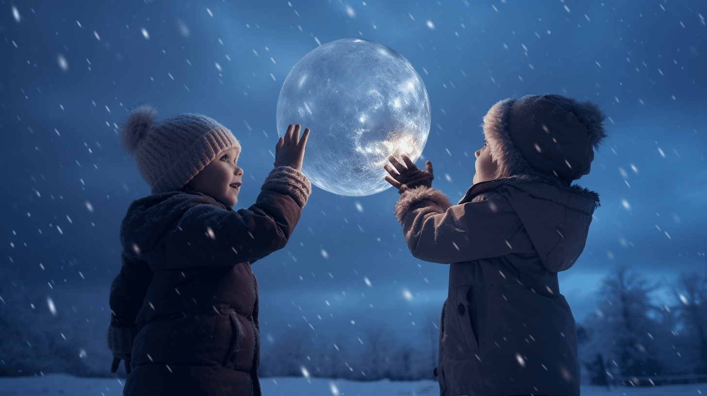 AI generated: kids christmas happy wallpapers full moon and snow, in the style of theatrical gestures, forced pers...