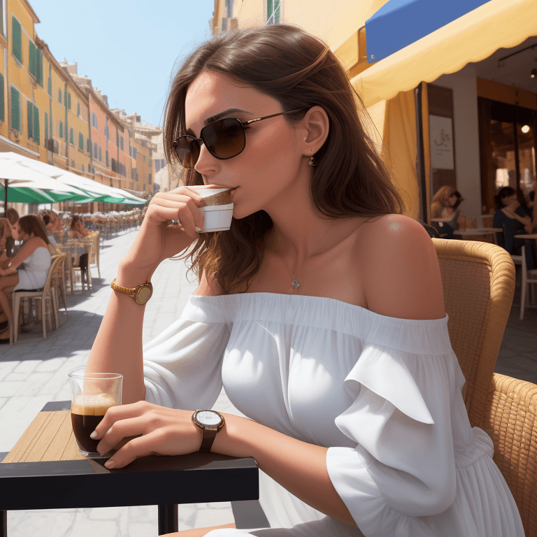 AI generated: mid shot, dynamic angle, girl drinking 1coffee at a cafe in st tropez, south of france, (french:0.3,...