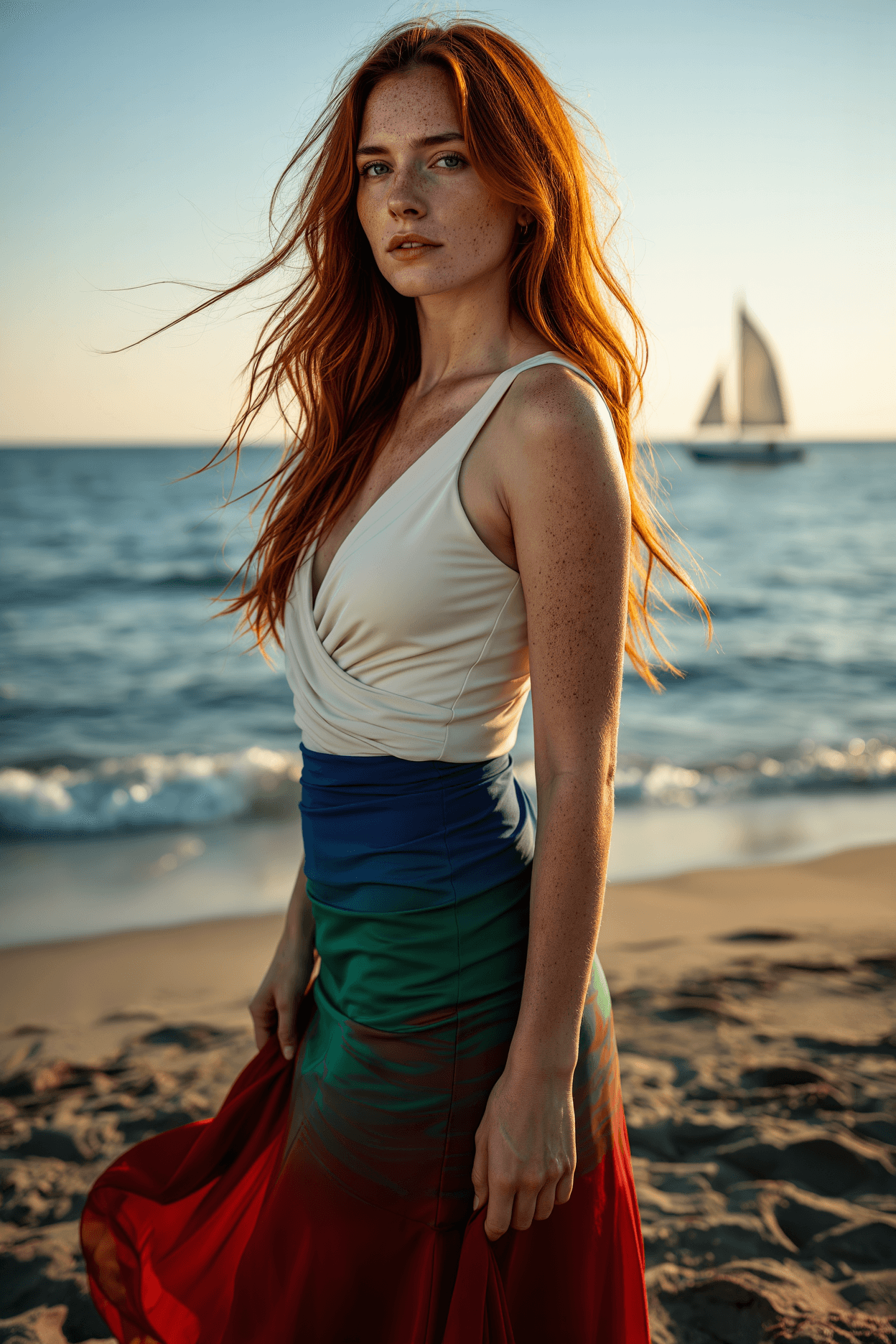 AI generated: A fit adult woman with radiant porcelain skin and cascading red hair stands confidently on a sun-kis...