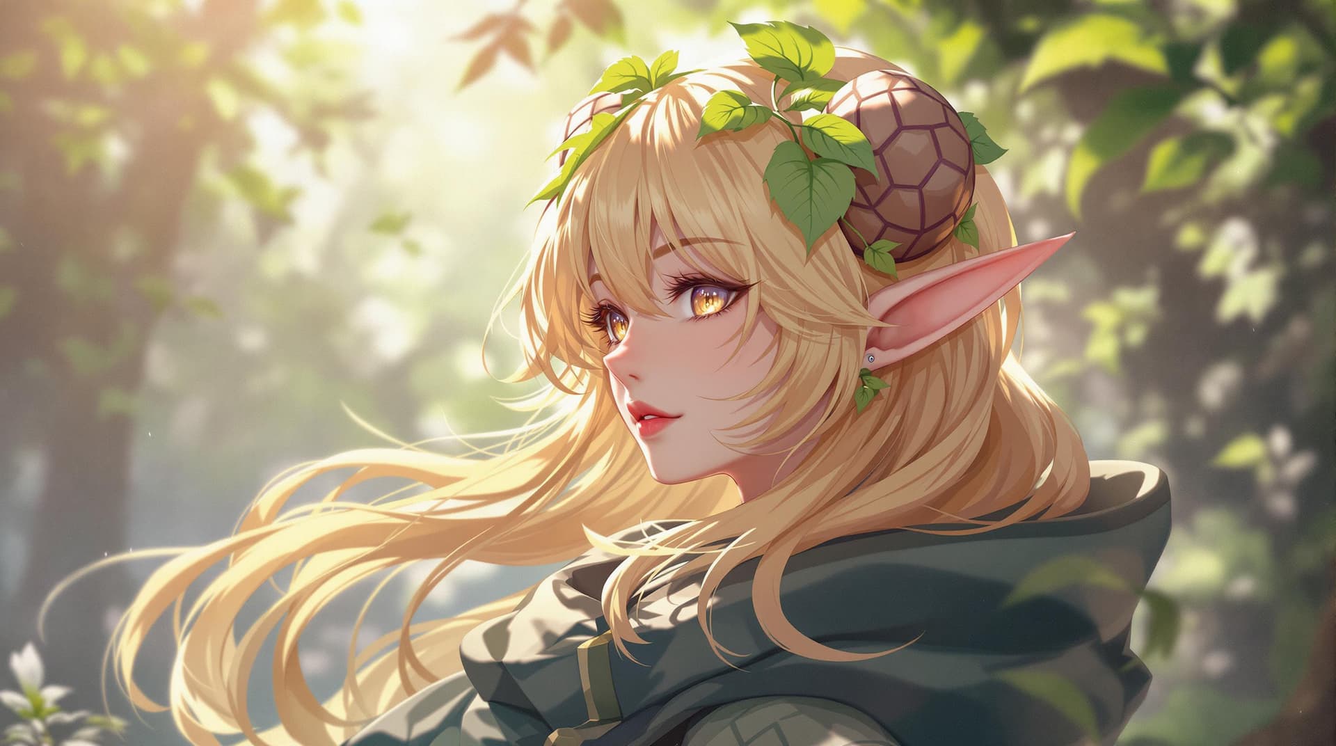 AI generated: blond haired girl with horns and green leaves on her head, detailed digital anime art, loish and wlo...
