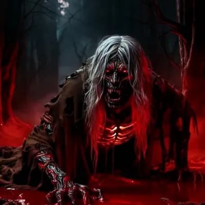 AI generated video: A skeletal figure crawling through a pool of blood with dark trees shifting slightly in the eerie mi...