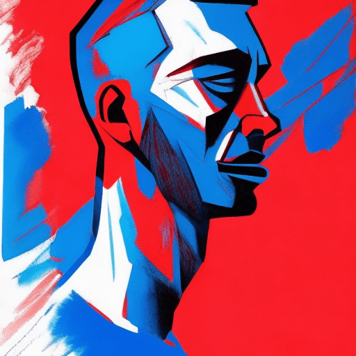 AI generated: graphic art, portrait of a man, background in deep blue and red, intense color contrasts on the face...