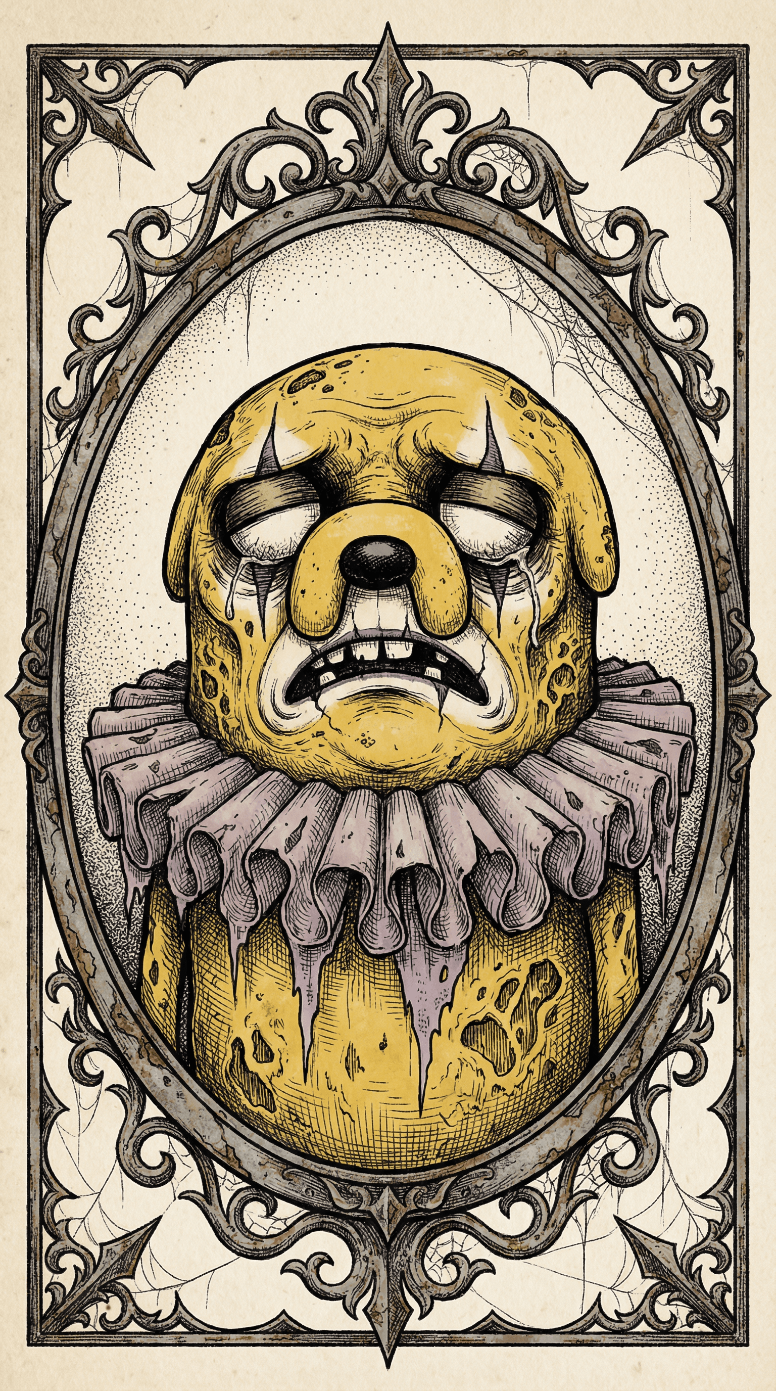 AI generated: A dark surrealist ink drawing of a weary, gothic clown inspired by iconic 90s cartoons. The characte...