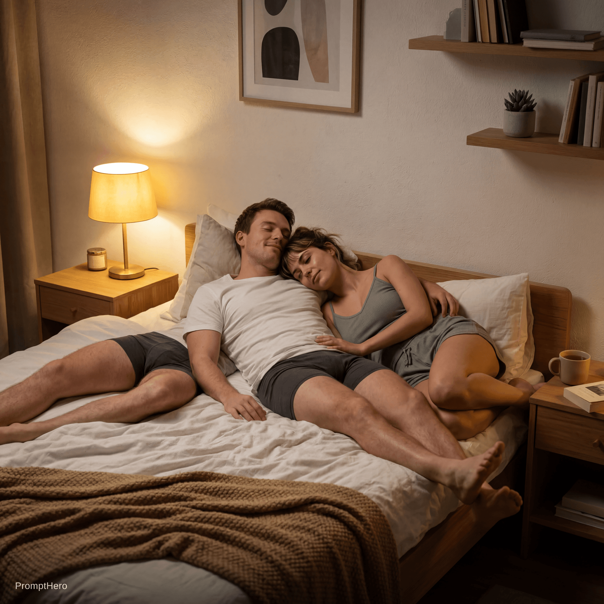 AI generated: Ultra realistic 8K cinematic scene of a young couple lying relaxed on a cozy bed in a softly lit bed...