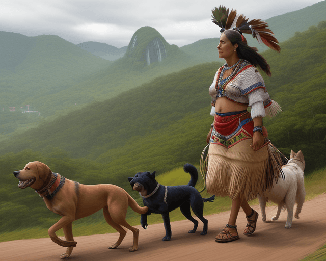AI generated: zoom of a native indigenous colombia woman and three dogs in a natural landscape