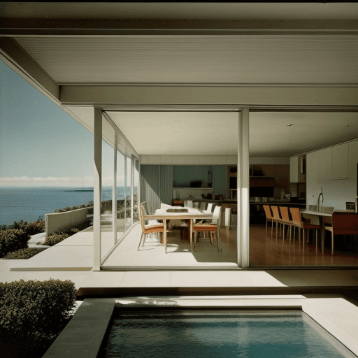 AI generated: Hyper realistic eye level exterior photo of a mid century modern style house overlooking the ocean, ...