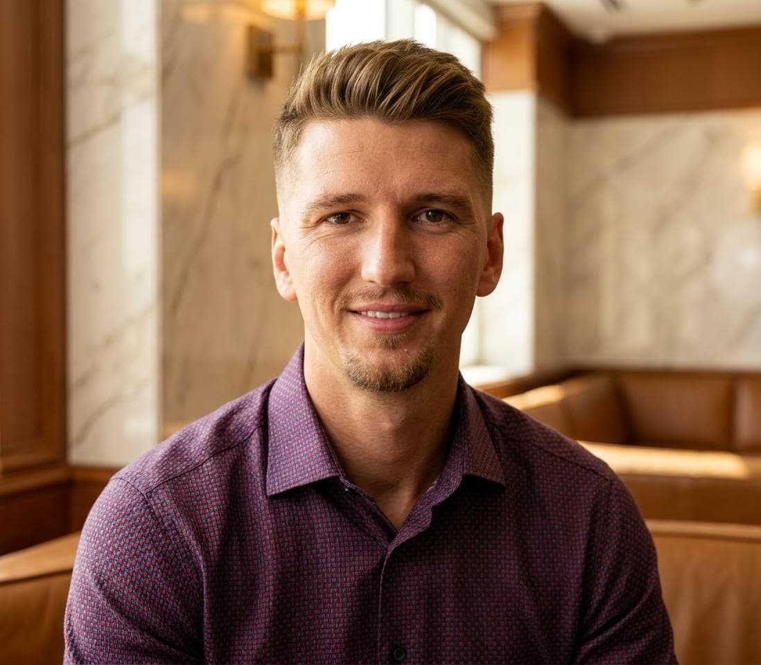 AI generated: Professional portrait of a 33-year-old white German man, golden dark/ blonde fade cut, broad shoulde...