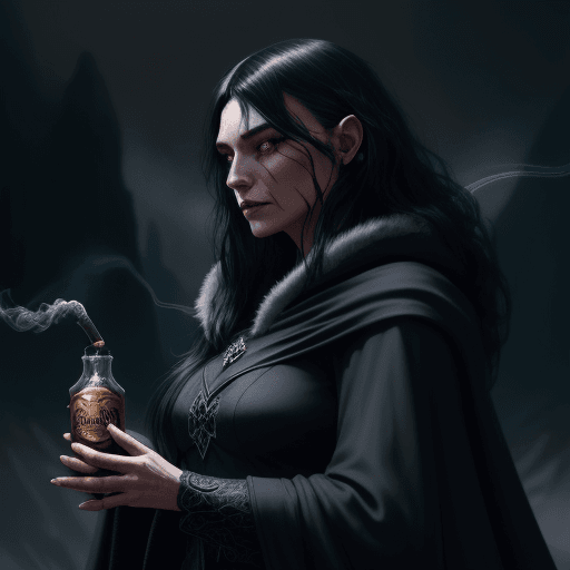 AI generated: black witch, adventurer costume, big cloak, black landscape, cigarette and cachaça, fantasy magic, t...