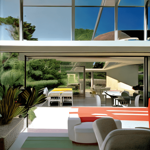 AI generated: Hyper realistic eye level exterior photo of a mid century modern style house overlooking the ocean, ...