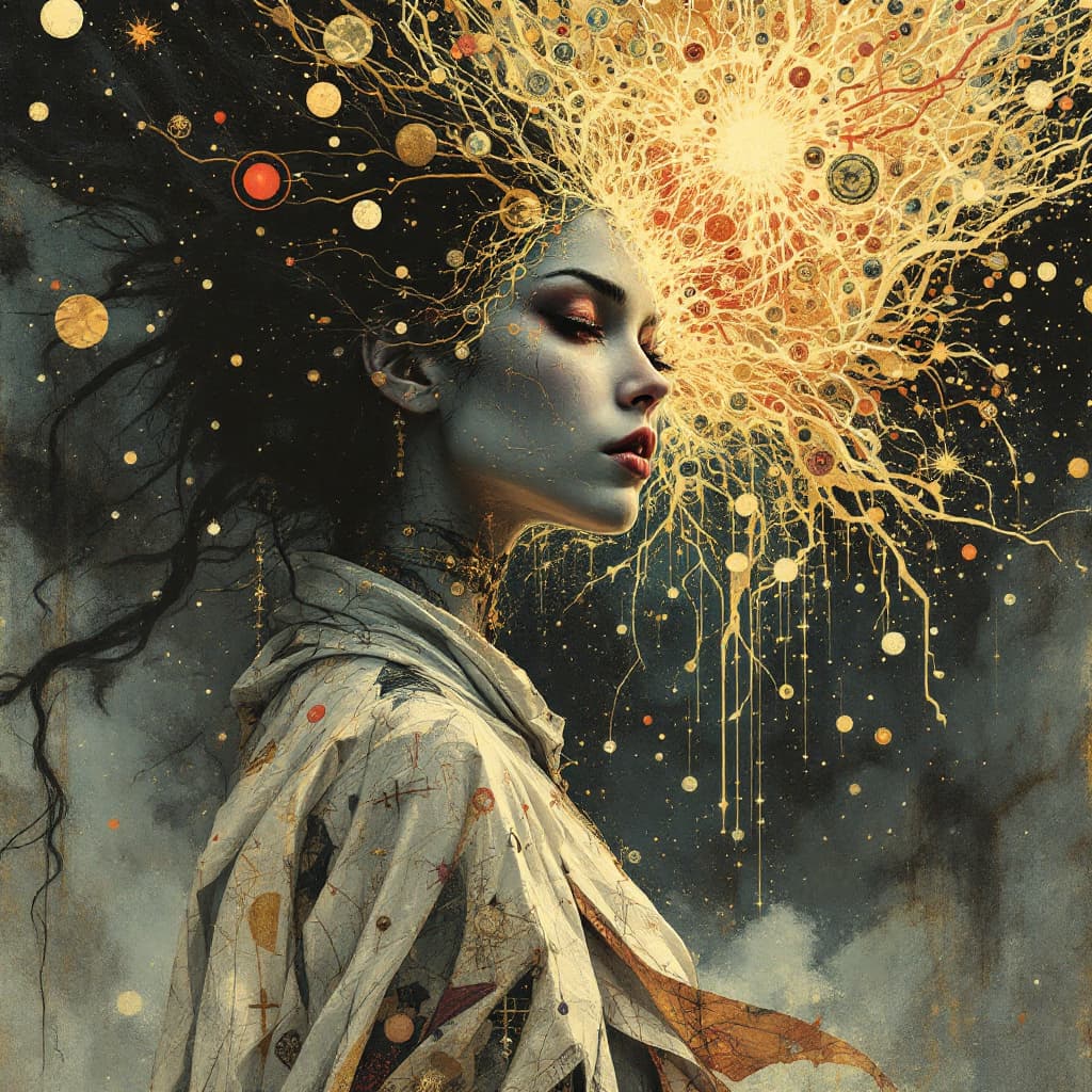 AI generated: A cunning concept thief, her form changing and shifting to reflect the ideas around her and her clot...