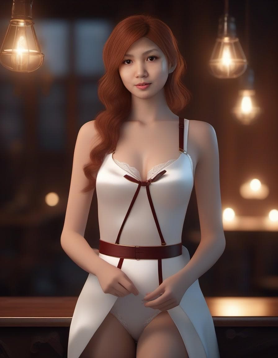 AI generated: Ginger-haired little princess in thin satin lingerie with suspenders, high heels, candlelight, high ...