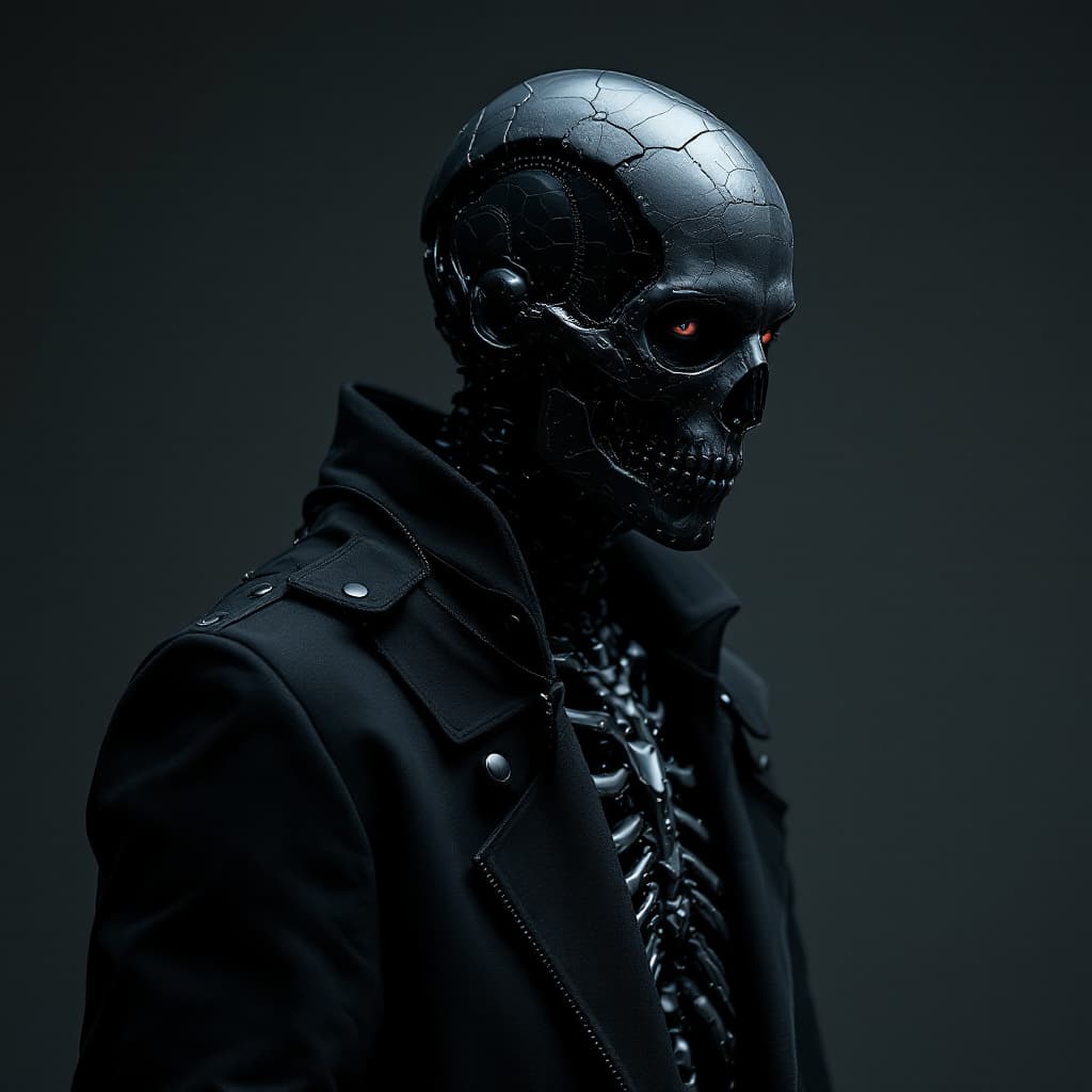 AI generated: photography, front full body shot, man model, gaze, avant-garde long jacket, inspired by matte black...