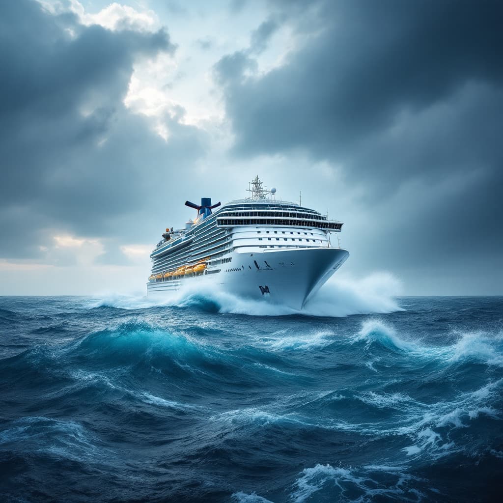 AI generated: rising sea in the atlantic ocean rising higher than a cruise ship in a stormy weather 
