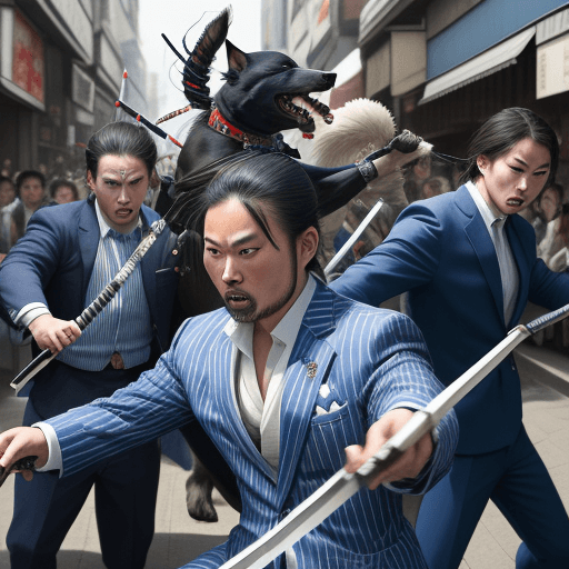 AI generated: 3 headed samurai dog in a blue and white striped blazer, doing battle with a samurai sword against a...