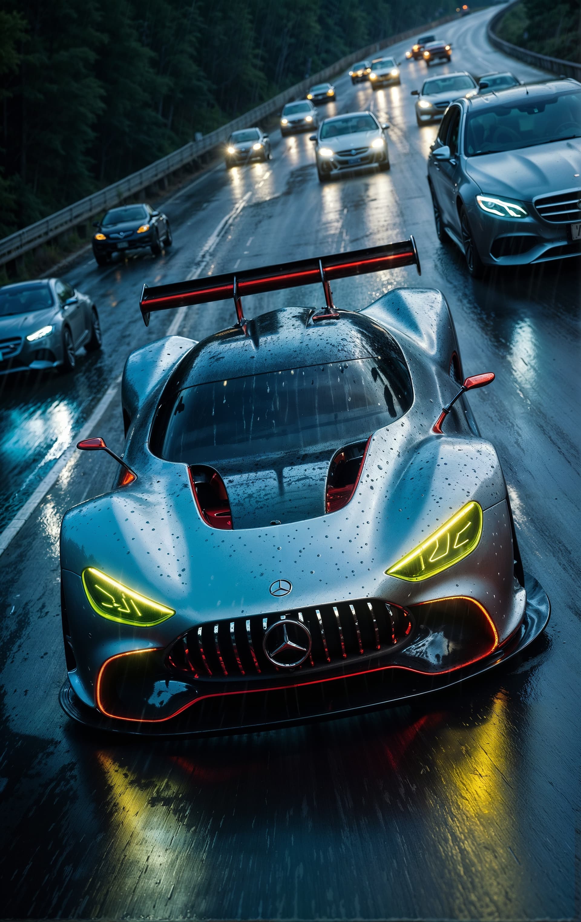 AI generated: A sleek Mercedes Benz AVTR concept car, its futuristic design illuminated by the night rain like liq...
