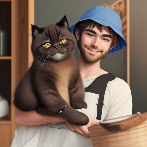 AI generated: /imagine prompt: Picture young man with cat, smile, happiness, dark blonde hair, medium length, dark...