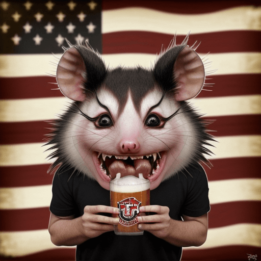 AI generated: an opossum hissing angrily about commies. American flags. Beer. Words to display are "hiss at commie...