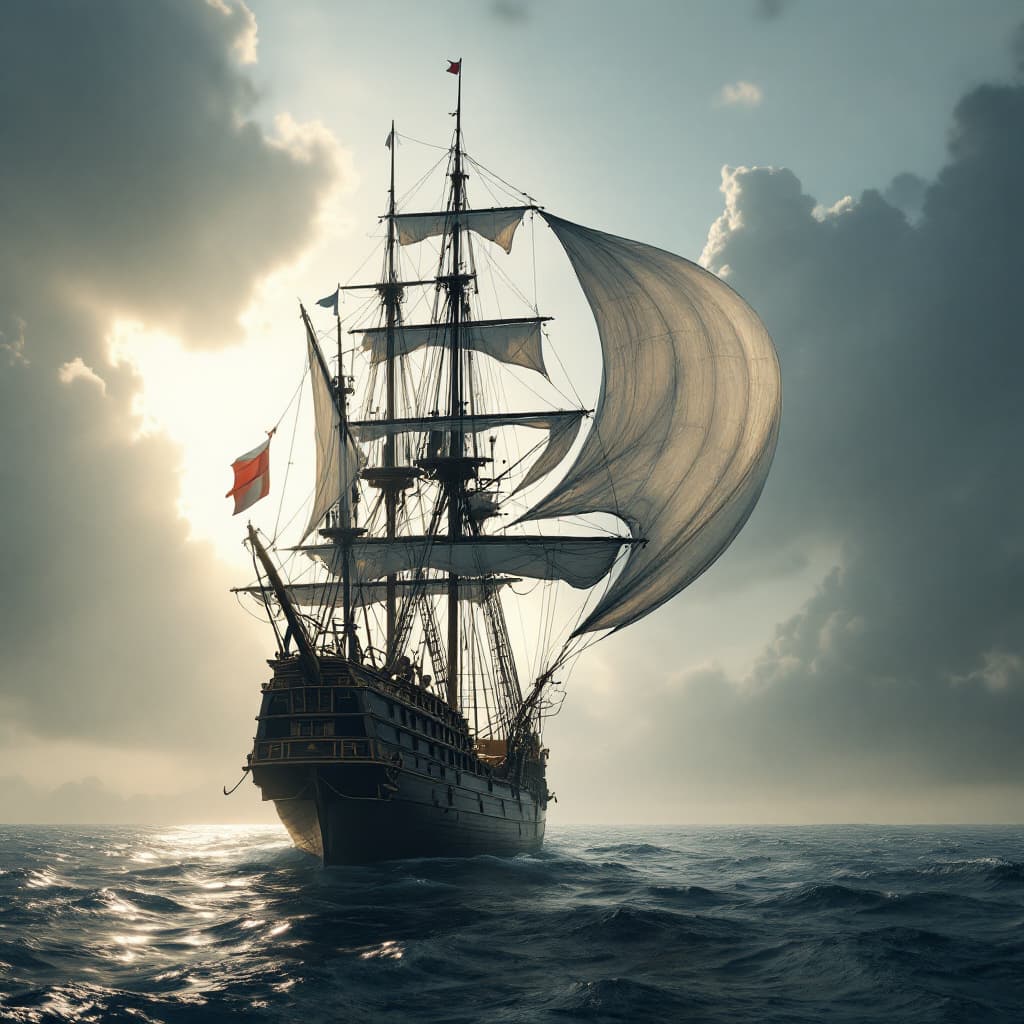 AI generated: Photo of a ultra realistic sailing ship, dramatic light, pale sunrise, cinematic lighting, battered,...
