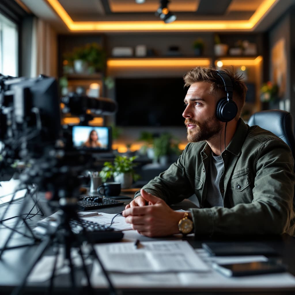 AI generated: youtuber talking ot the camara in his luxarious office
