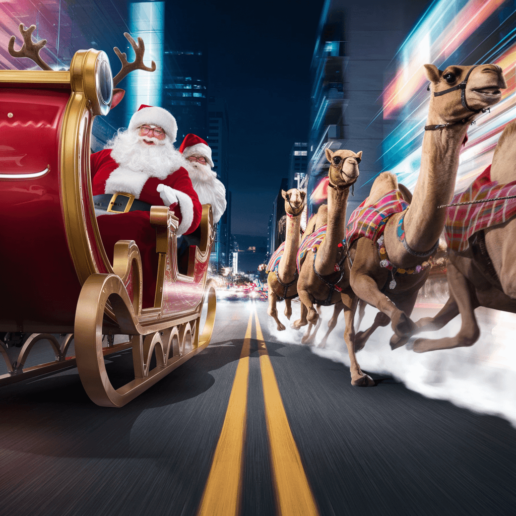 AI generated: Create a dynamic video sequence featuring a Santa Claus and The 3 Wise Men having a race with Santa'...