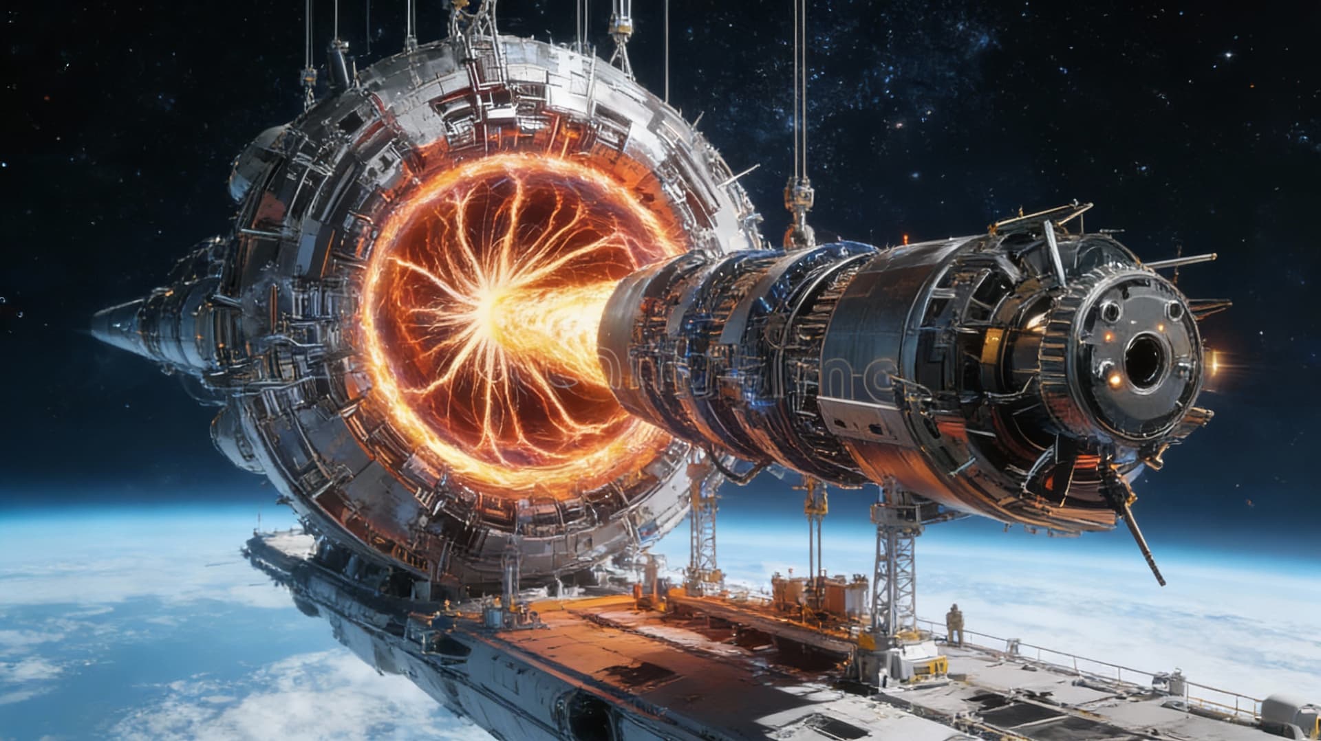 AI generated: Use the Reference Image to reimagine the View of the Futhesis ENGINES installation on any space vess...