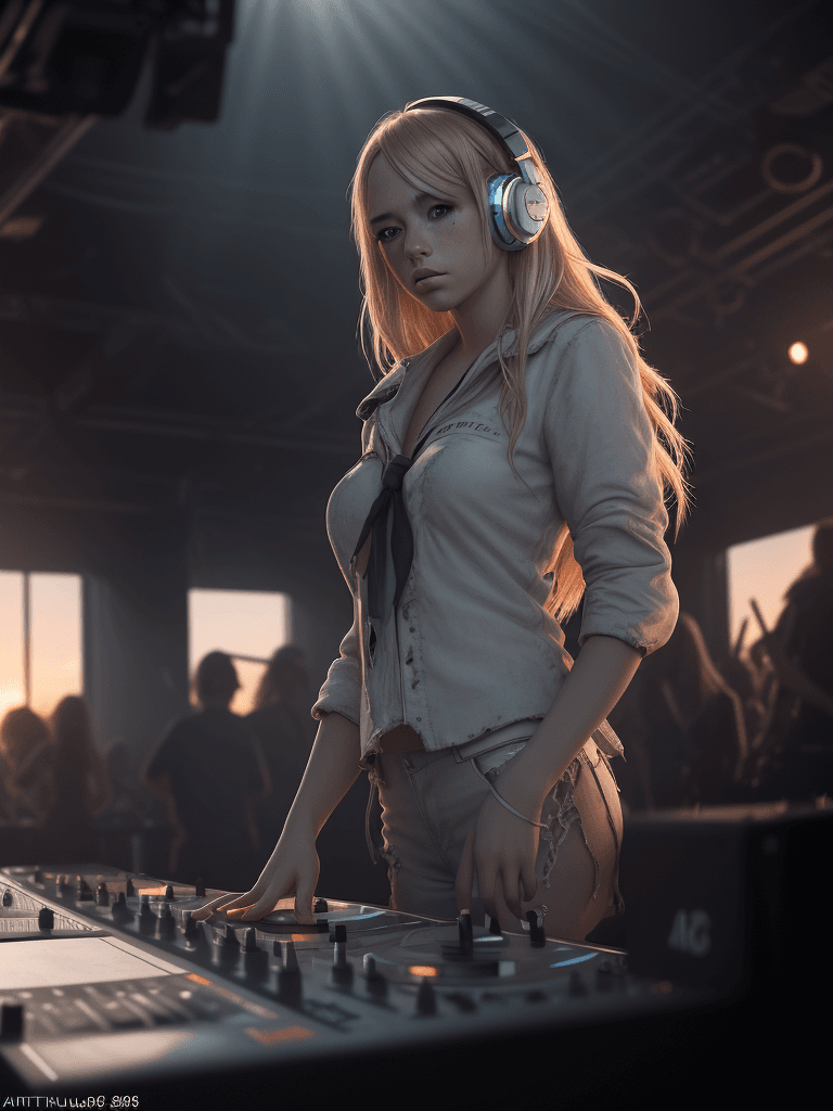 AI generated: blonde DJ girl in headphones, standing at the DJ desk at the table of a ruined nightclub, dawn light...