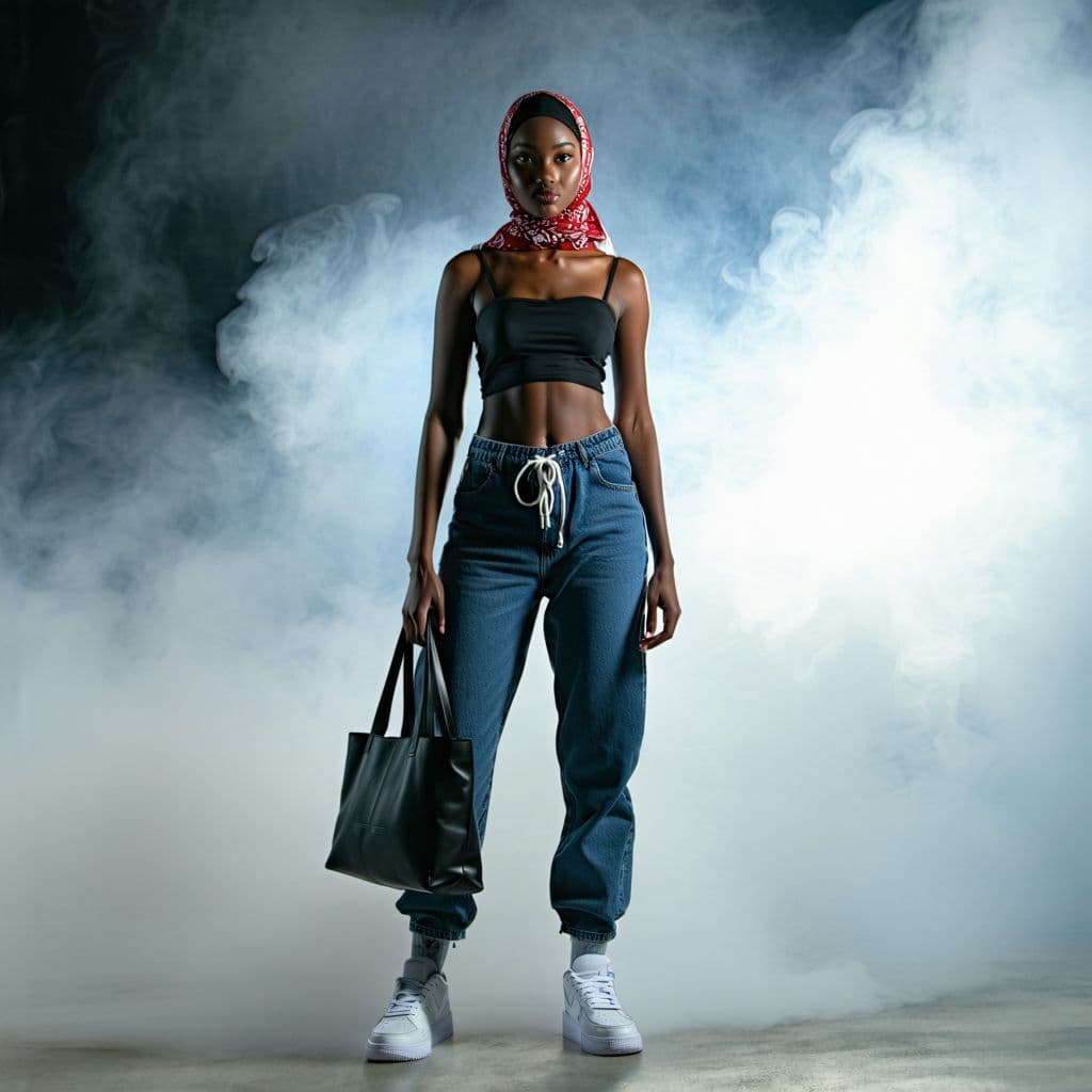 AI generated: landscape photography, Y2K Street Fashion high angle photo of a 24 year old Zulu-Ilocano female fier...