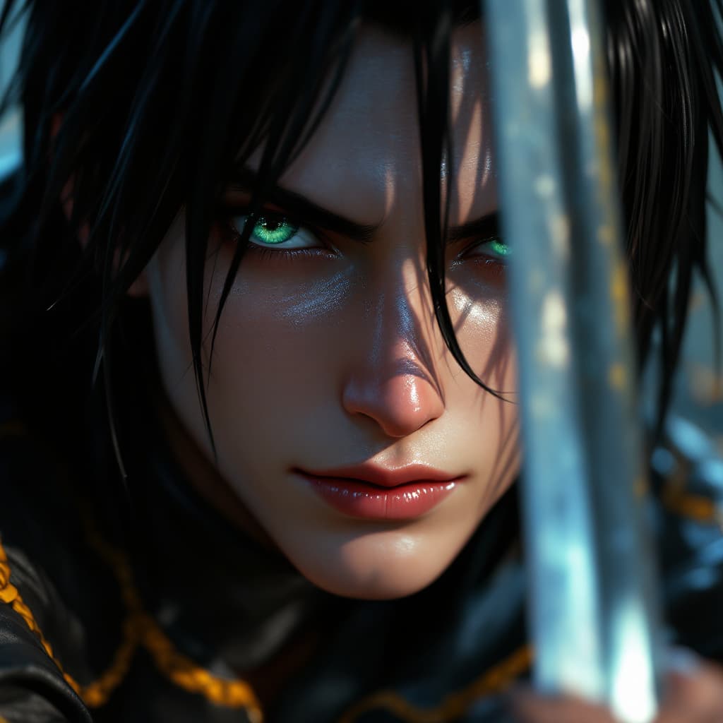 AI generated: a close up of a person with a sword, 3 d render official art, snk, male rogue, aliased, straight bla...